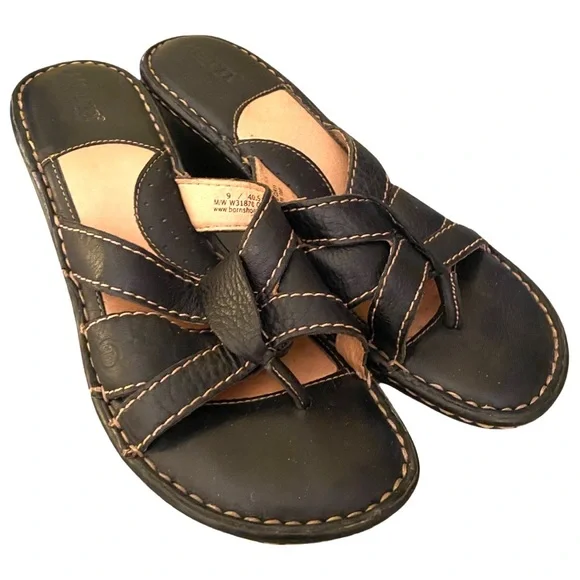 Born Women’s Sandals Size 9 Leather Black Brown Wedge Slip On - Picture 2 of 7